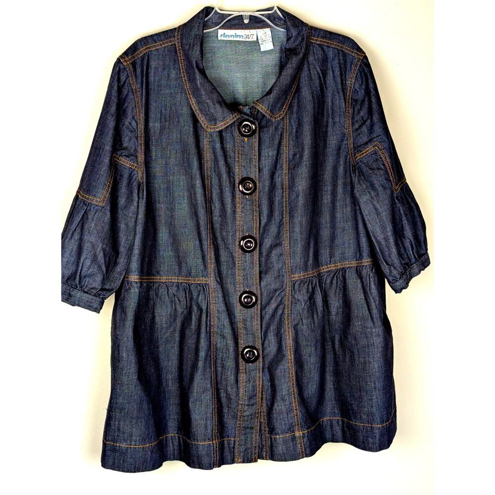 Y2K Cottagecore Babydoll Denim Jacket Plus 22W Dark Wash 100%Cotton Puffy Sleeve
